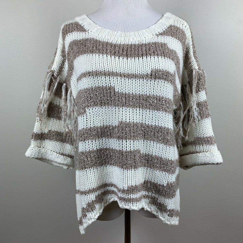 Sloane Rouge Sweater XS Fringe 3/4 Sleeve Wool Blend Striped Open Knit‎